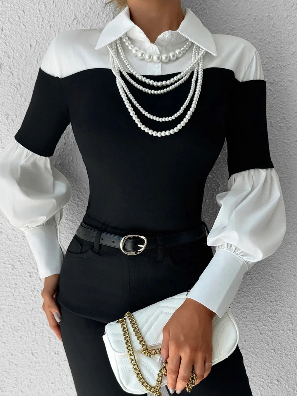 COMMENSE Color Block Skinny Lapel Top - Picture 4 of 4